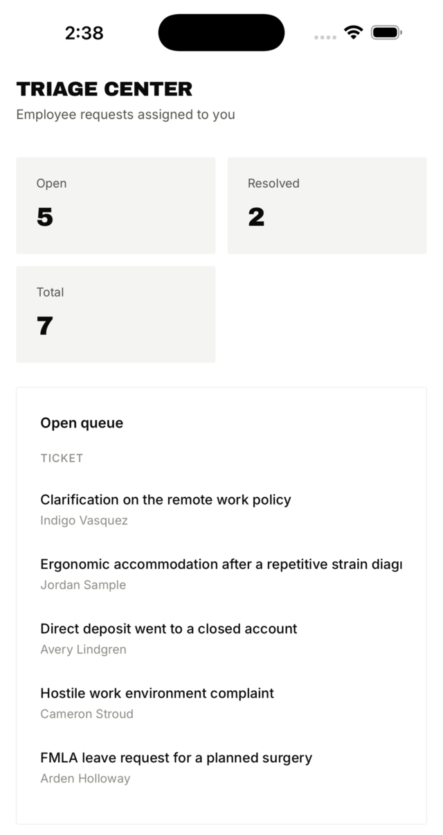 Triage Center on iPhone, showing an open queue of employee requests